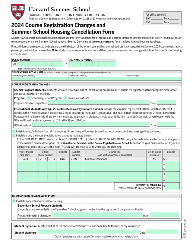 2024 Course Registration Changes And Summer School Housing Cancellation Form screenshot