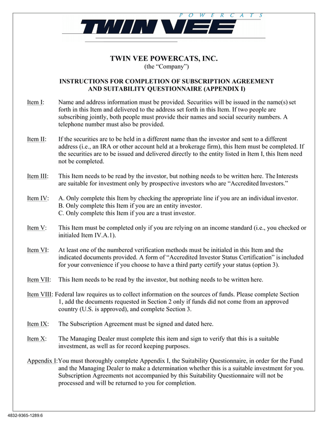 TWIN VEE POWERCATS, INC. SUBSCRIPTION AGREEMENT AND SUITABILITY QUESTIONNAIRE screenshot