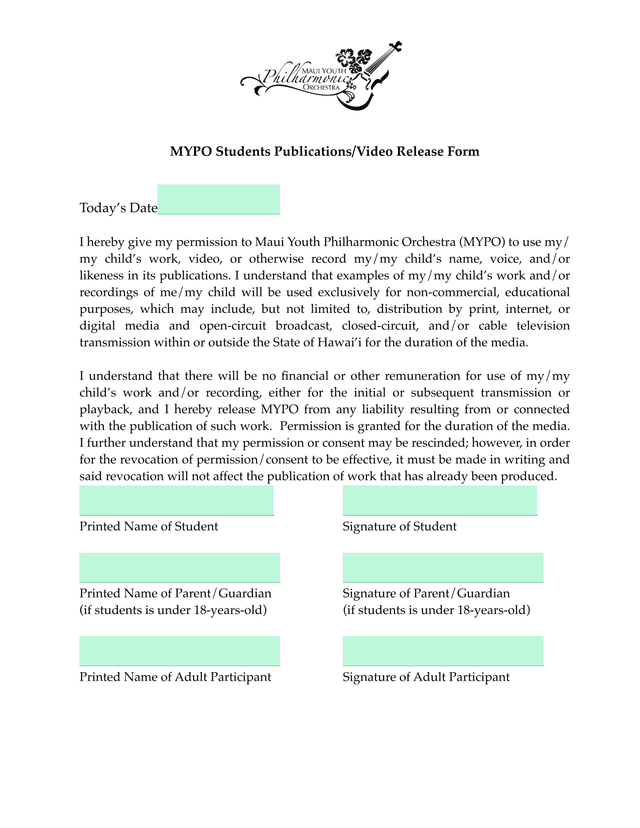 MYPO Students PublicationsVideo Release Form screenshot