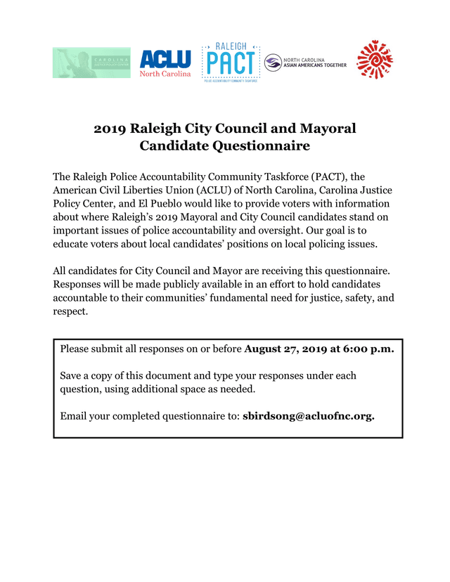 2019 Raleigh City Council And Mayoral Candidate Questionnaire screenshot