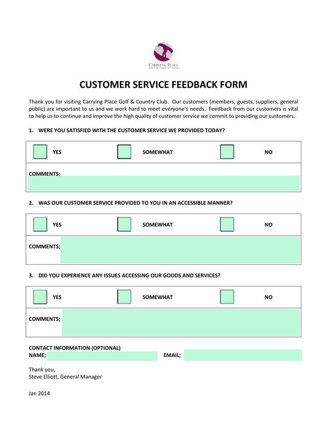 CUSTOMER SERVICE FEEDBACK FORM screenshot