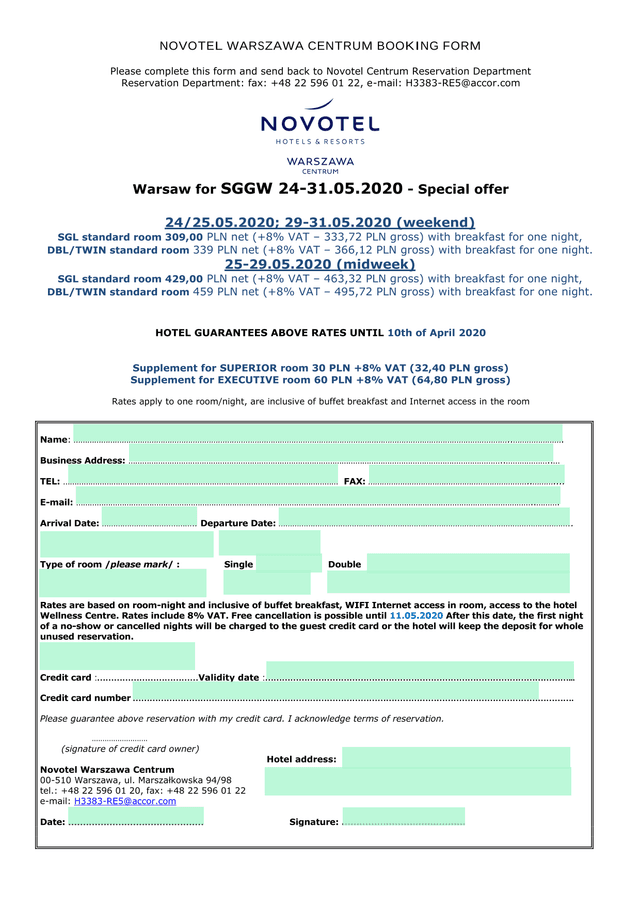 NOVOTEL WARSZAWA CENTRUM BOOKING FORM screenshot