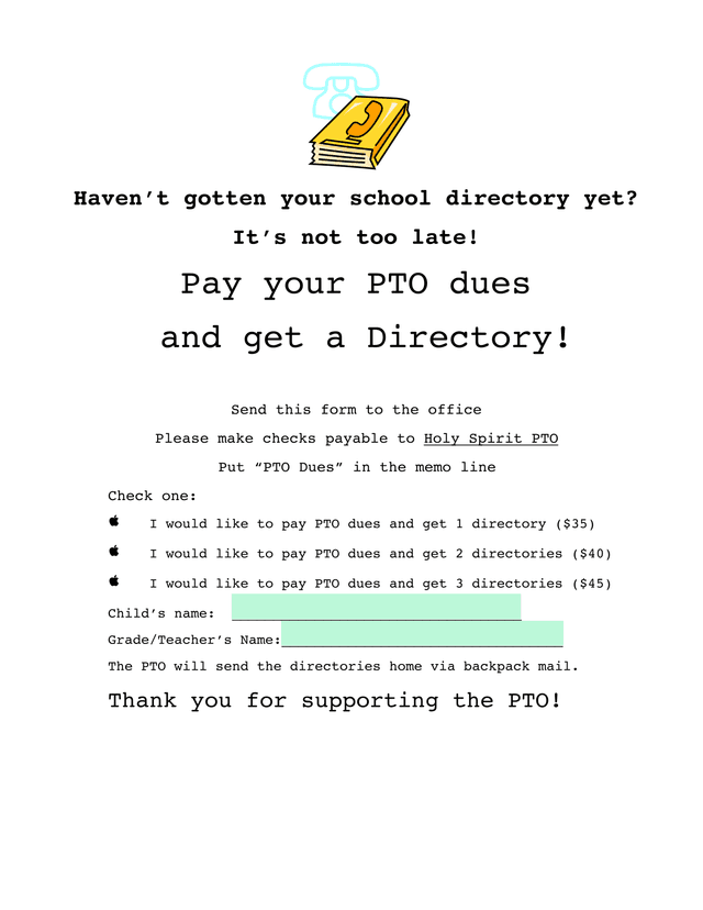 Holy Spirit PTO Dues And Directory Order Form screenshot