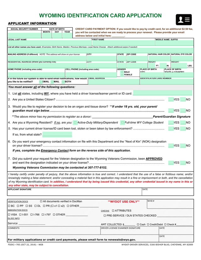 WYOMING IDENTIFICATION CARD APPLICATION screenshot