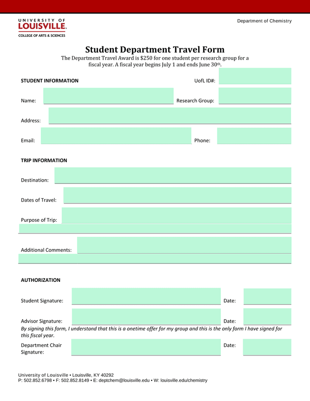 Student Department Travel Form screenshot