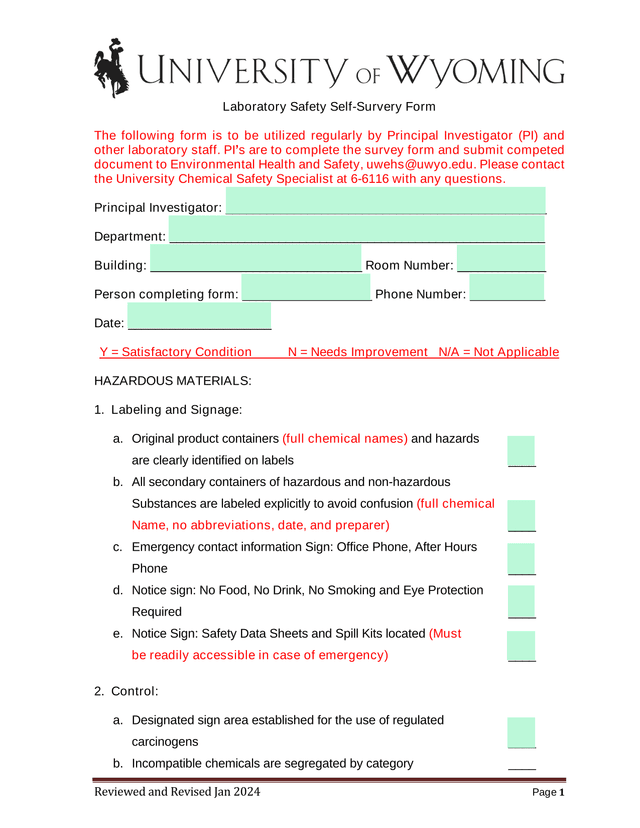 Laboratory Safety Self Survey Form screenshot