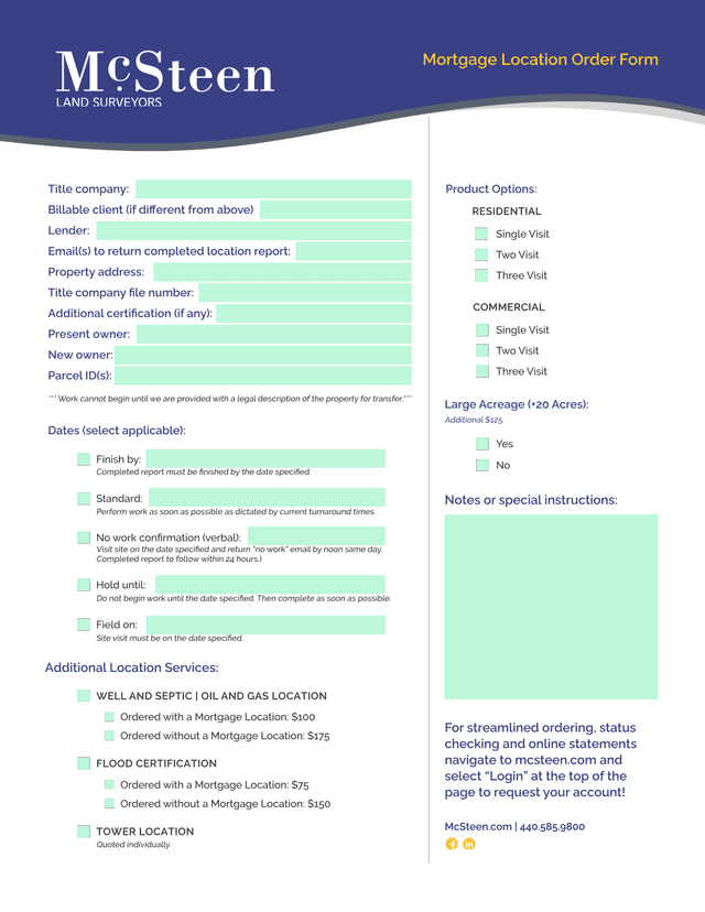 Mortgage Location Order Form screenshot