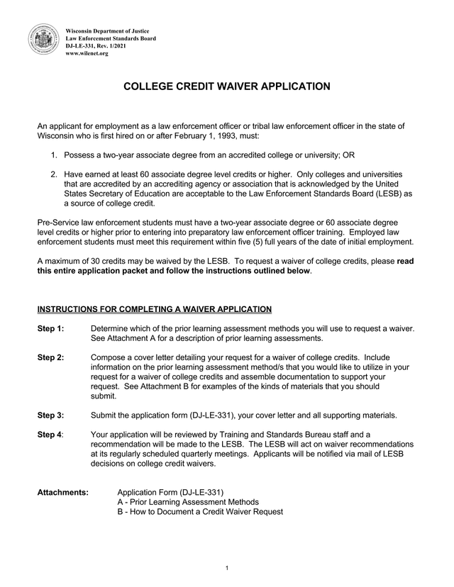 College Credit Waiver Application screenshot