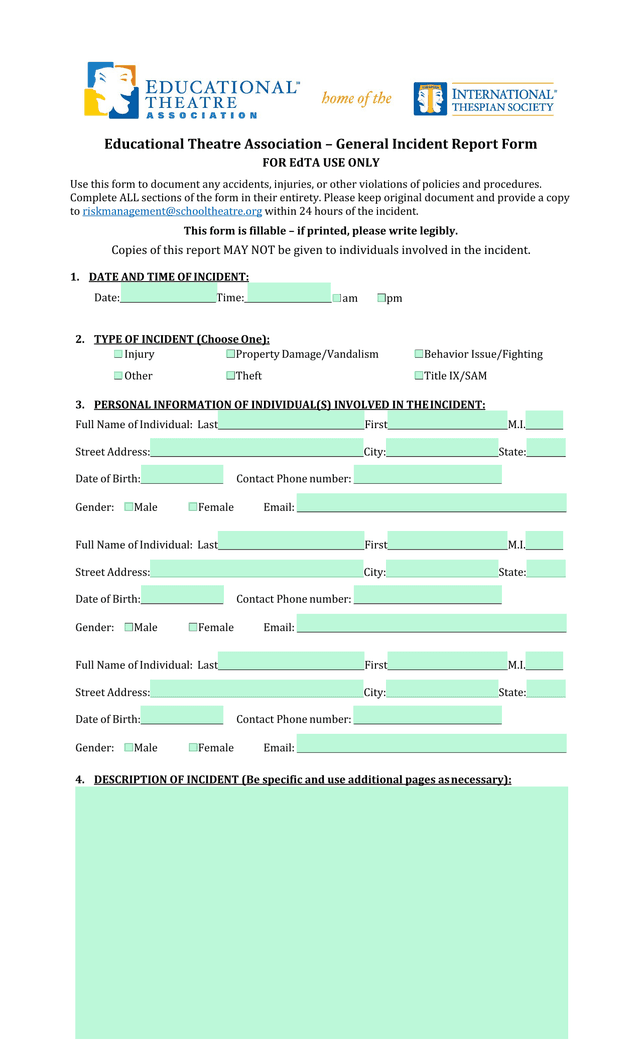 Educational Theatre Association  General Incident Report Form screenshot