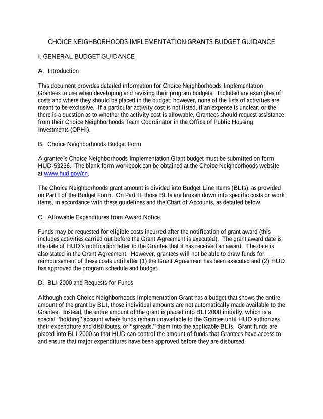 Choice Neighborhoods Implementation Grants Budget Guidance screenshot
