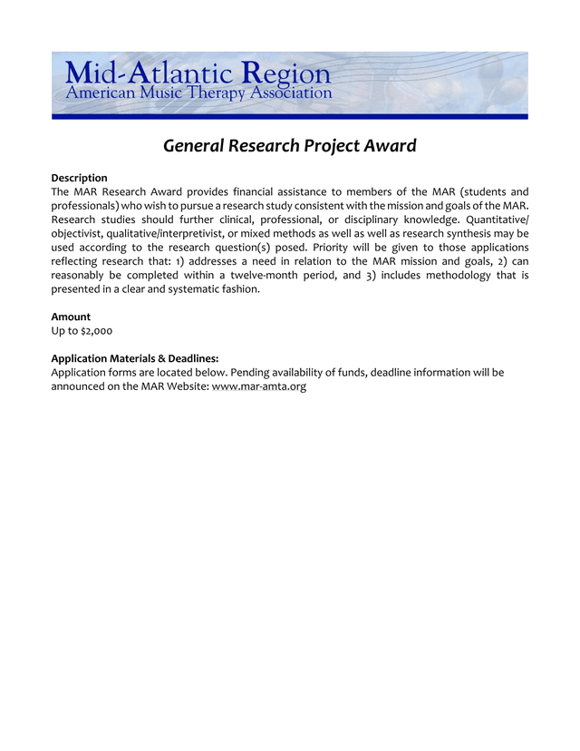 MAR Research Project Award screenshot
