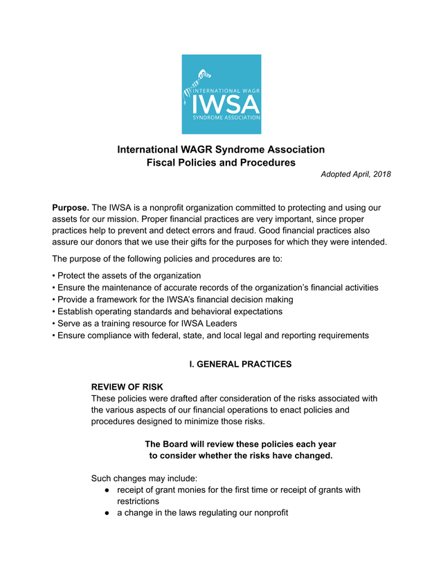 International WAGR Syndrome Association Fiscal Policies And Procedures screenshot