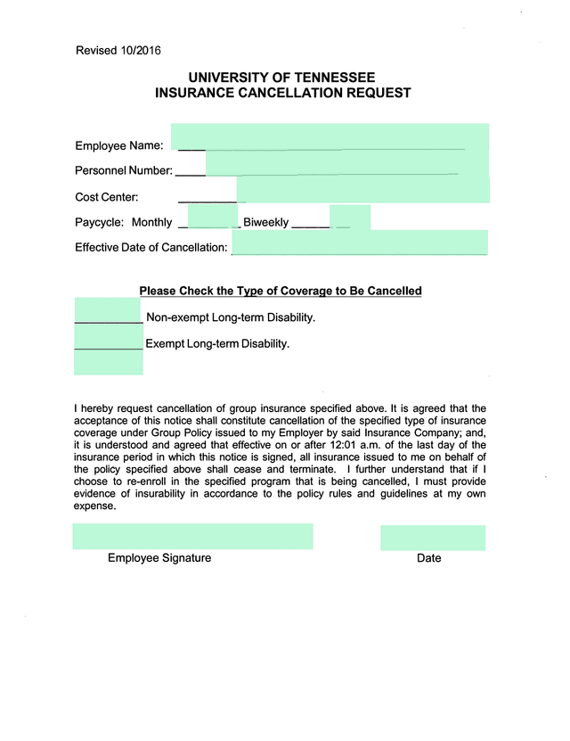 Insurance Cancellation Request screenshot