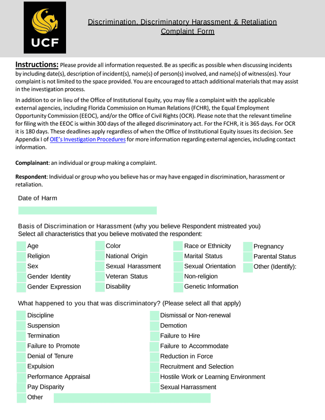 Discrimination, Discriminatory Harassment  Retaliation Complaint Form screenshot