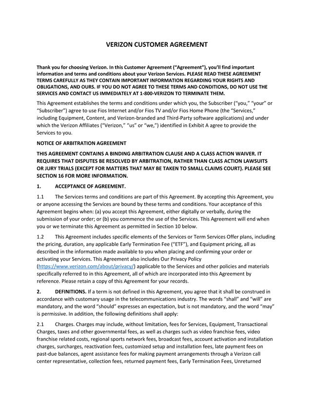Verizon Customer Agreement screenshot