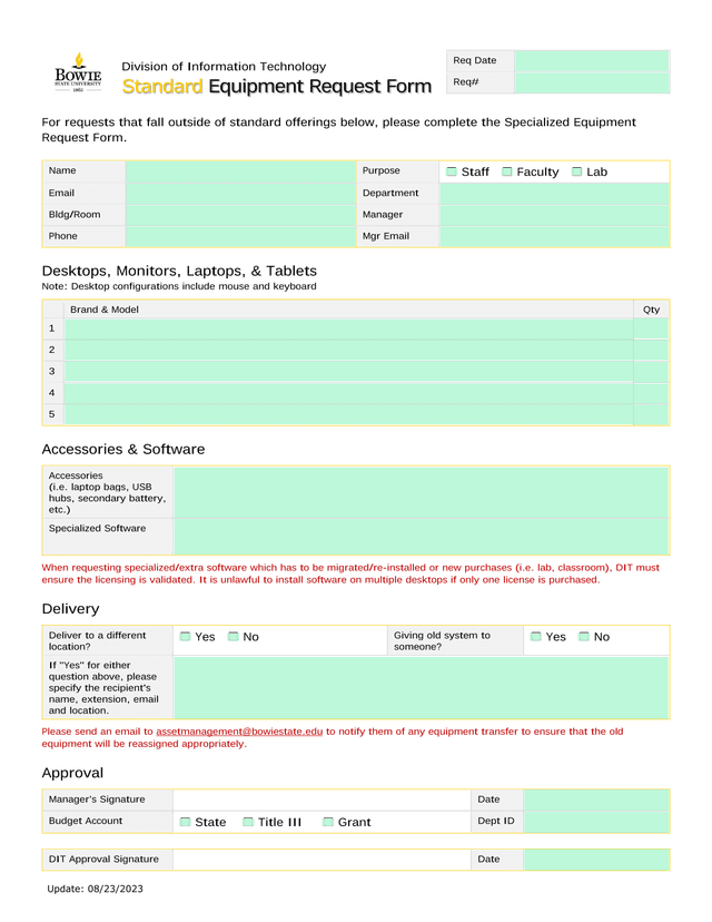 Standard Equipment Request Form screenshot