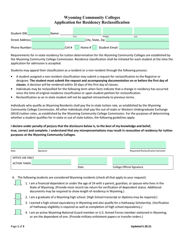 Wyoming Community Colleges Application For Residency Reclassification screenshot