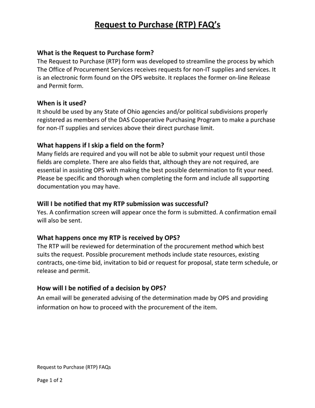 Request To Purchase (RTP) FAQS screenshot
