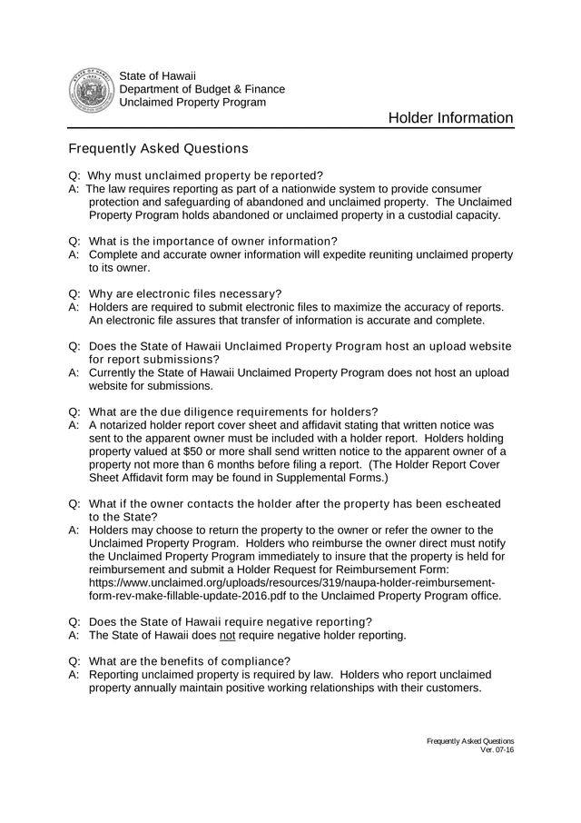 Unclaimed Property Program Frequently Asked Questions screenshot