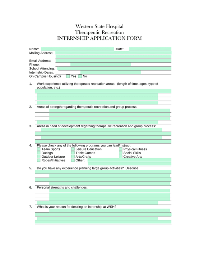 Therapeutic Recreation Internship Application Form screenshot