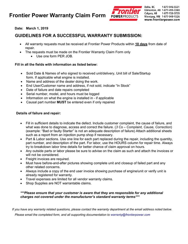 Frontier Power Warranty Claim Form screenshot