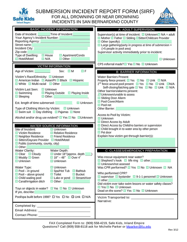 SUBMERSION INCIDENT REPORT FORM (SIRF) screenshot