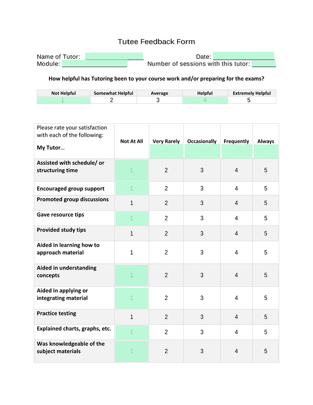 Tutee Feedback Form screenshot