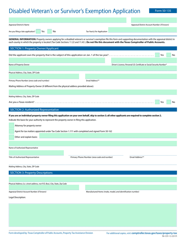 Disabled VeteranS Or SurvivorS Exemption Application screenshot