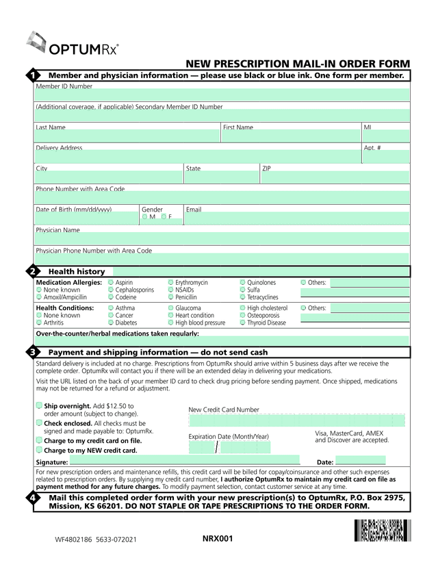 NRX001 New Prescription Mail In Order Form screenshot