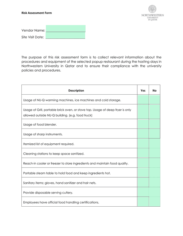 Risk Assessment Form screenshot