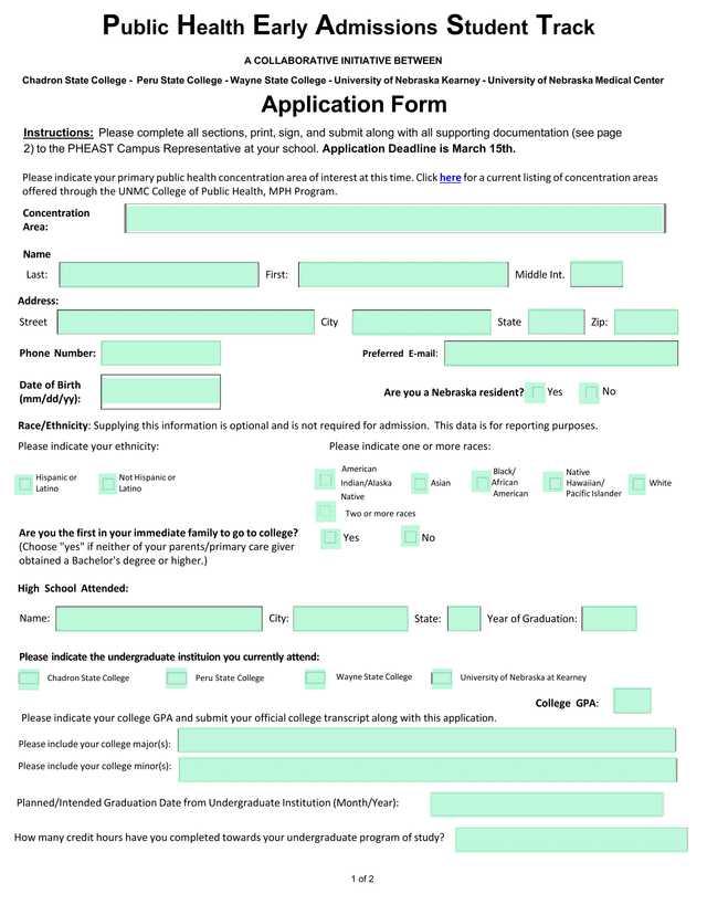 Public Health Early Admissions Student Track (PHEAST) Application Form screenshot