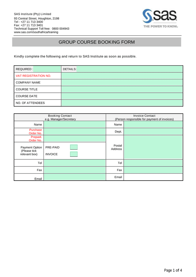 Group Course Booking Form screenshot