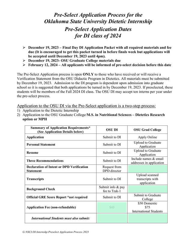 OSU Dietetic Internship Pre Select Application Process 2023 screenshot