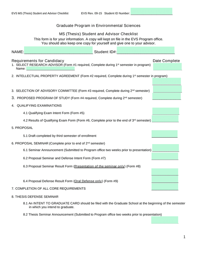 EVS MS (Thesis) Student And Advisor Checklist screenshot