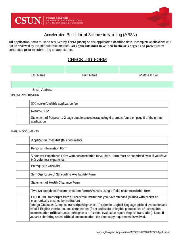 Accelerated Bachelor Of Science In Nursing (ABSN) Checklist Form screenshot