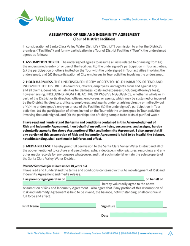 Assumption Of Risk And Indemnity Agreement (Tour Of District Facilities) screenshot