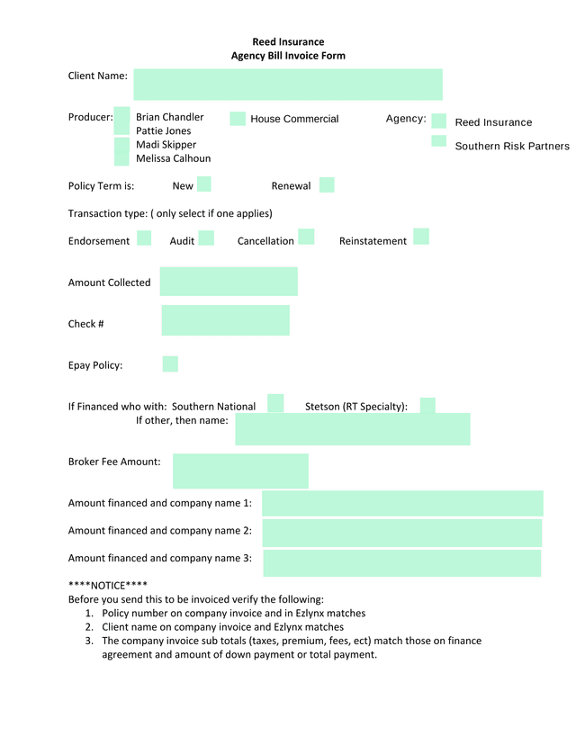 Reed Insurance Agency Bill Invoice Form screenshot