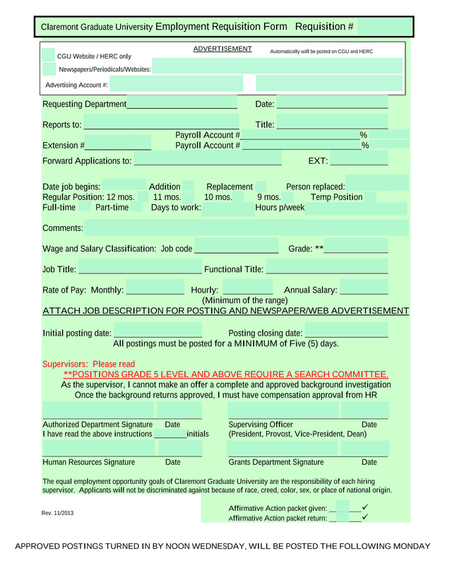 Claremont Graduate University Employment Requisition Form screenshot