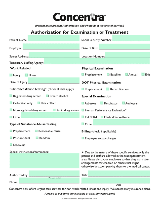 Authorization For Examination Or Treatment screenshot