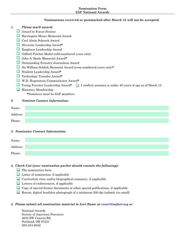SAF National Awards Nomination Form screenshot