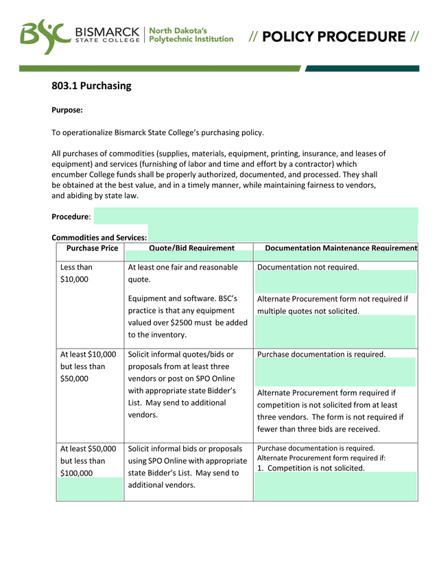 Purchasing Policy 803.1 screenshot