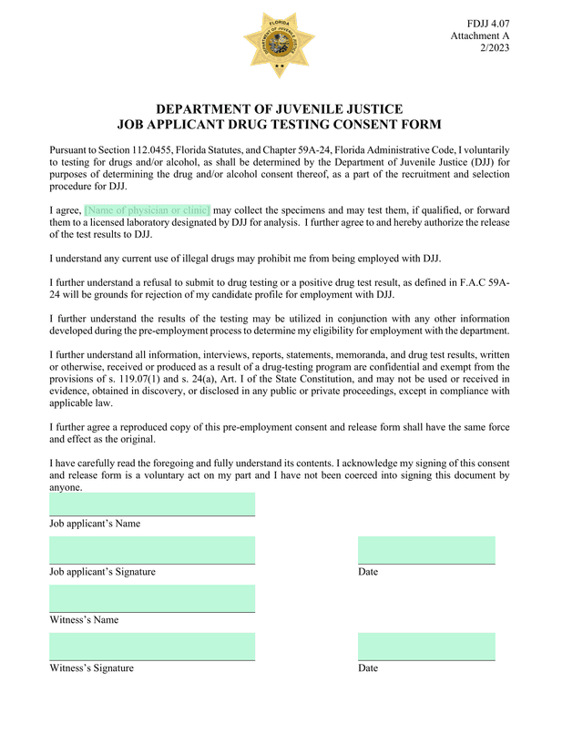 Job Applicant Drug Testing Consent Form screenshot