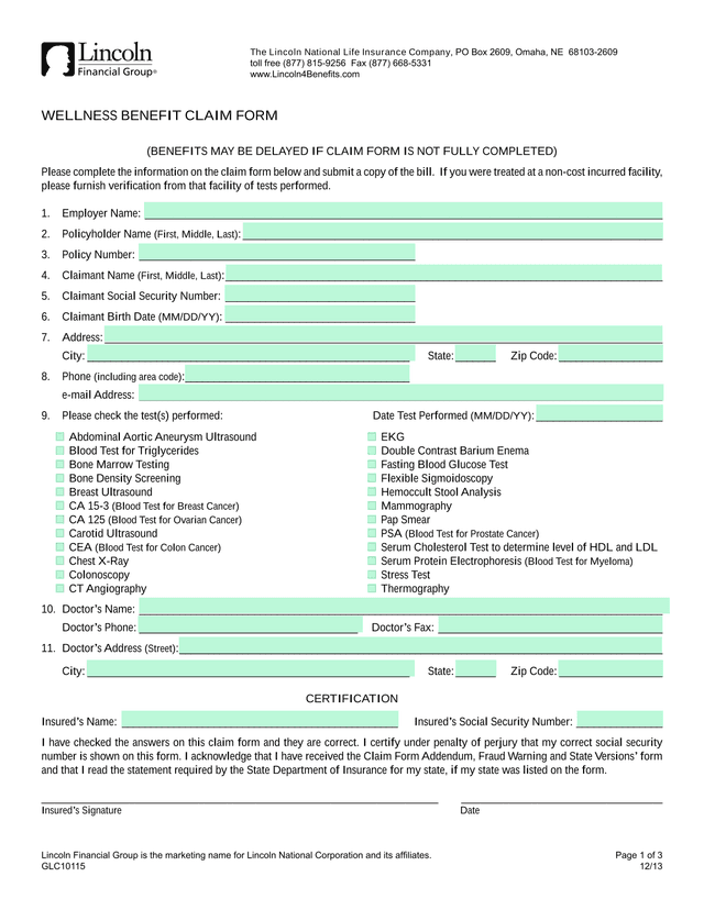 Wellness Benefit Claim Form screenshot