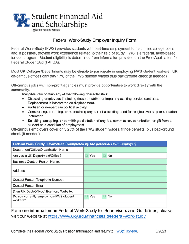 Federal Work Study Employer Inquiry Form screenshot
