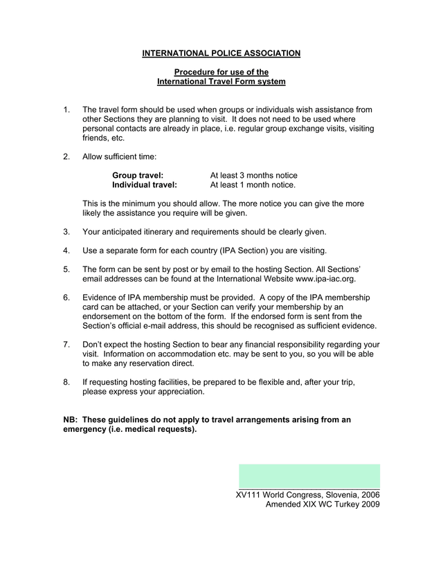 International Travel Form screenshot