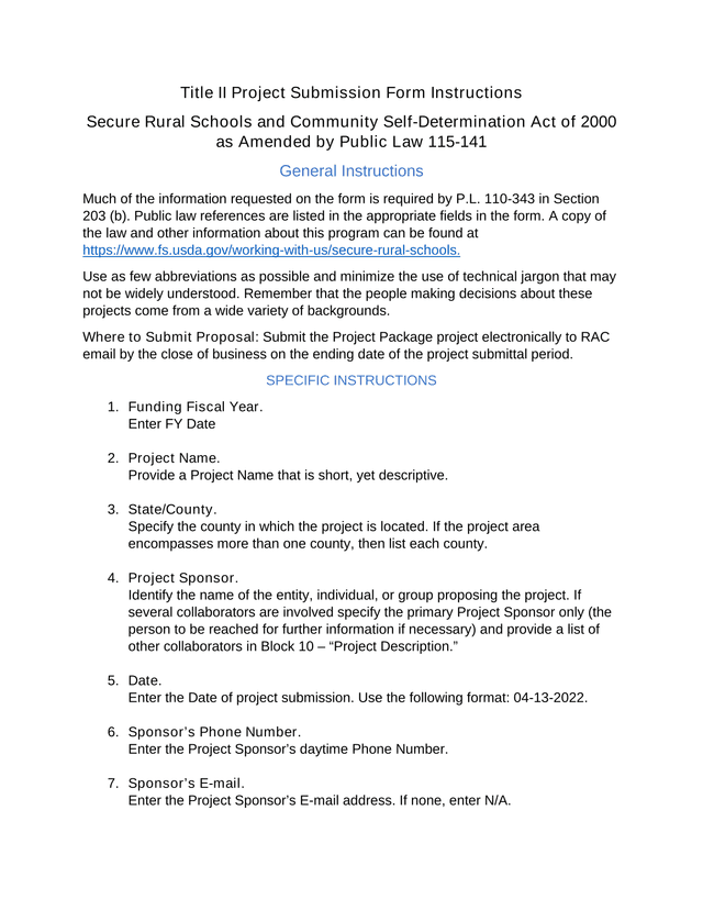 Title II Project Submission Form Instructions screenshot