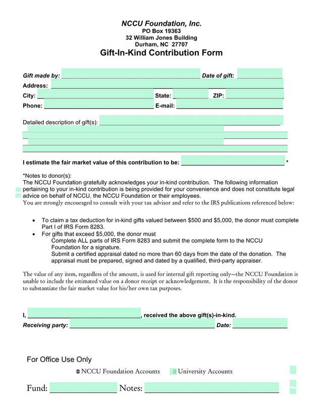 Gift In Kind Contribution Form screenshot