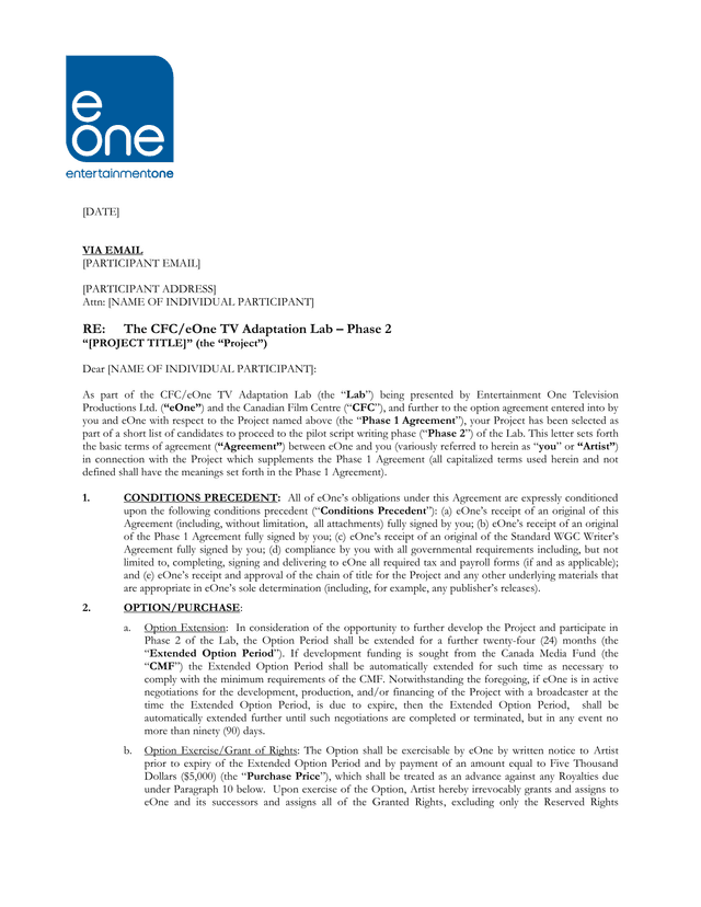 CFCEOne TV Adaptation Lab Phase 2 Agreement screenshot