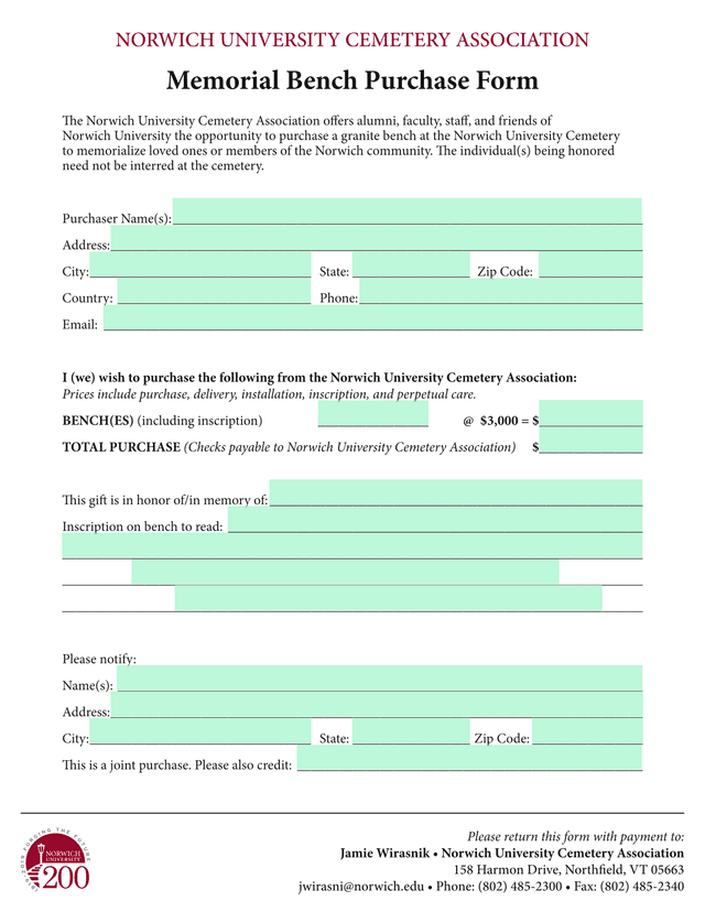 Memorial Bench Purchase Form screenshot