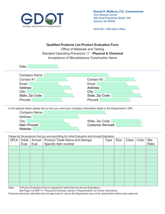 Qualified Products List Product Evaluation Form screenshot